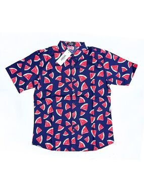 🍉 NWT JOGAL Men's L Hawaiian Short Sleeve Button Up Shirt Navy Watermelon Print
